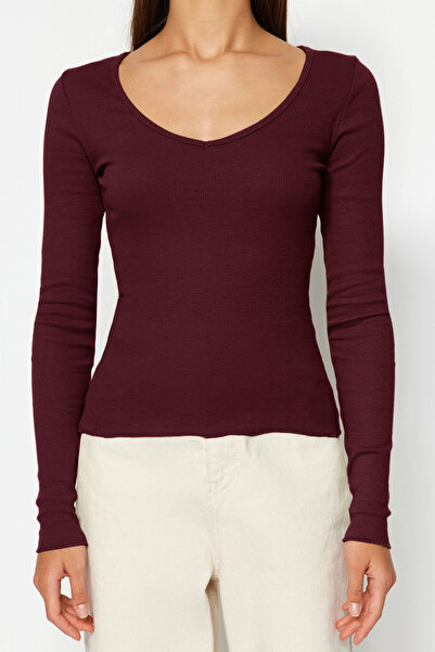 Trendyol Collection Bordó-Stone 2 csomagos V-nyakú, testhezálló pamut rugalmas kötött blúz TWOAW24BZ00068