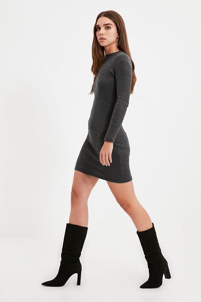 Trendyol Collection Flexible Corded Knitted Mini Pencil Dress - Stand Collar, Anthracite Twoaw21El2244