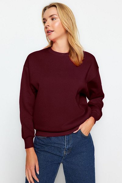 Trendyol Collection Hanorac interior gros din fleece bordeaux - decolteu, croială obișnuită TWOAW24SW00101