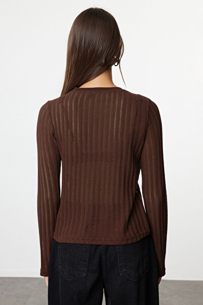 Trendyol Collection Tmavě hnědá Průhledná pletenina Vzhled Látka Normální Velikost Crew Krk Pletená halenka Twoaw24Bz00094