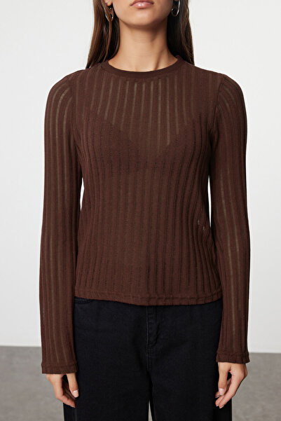 Trendyol Collection Tmavě hnědá Průhledná pletenina Vzhled Látka Normální Velikost Crew Krk Pletená halenka Twoaw24Bz00094