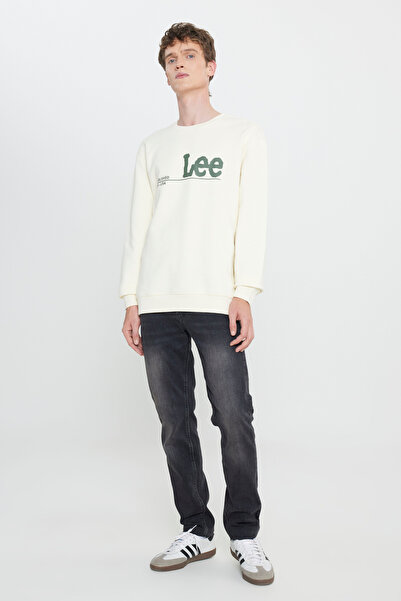 Lee %100 Pamuk Regular Fit Normal Kesim Bisiklet Yaka Erkek İçi Polarlı Ekru Big Logo Sweatshirt