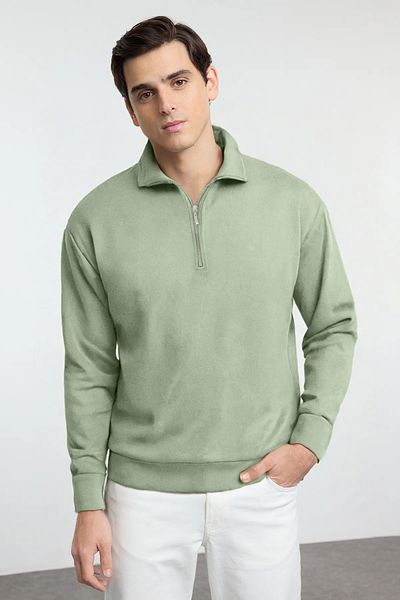 Trendyol Collection Ανοιχτό χακί Oversize/Φαρδύ φερμουάρ με φερμουάρ Polo γιακά χωρίς σημάδι TMNAW25SW00111