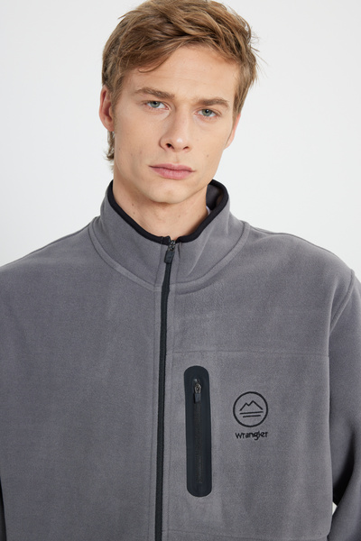 WRANGLER All Terrain Gear Regular Fit Regular Cut Stand Collar Men's Zippered Gray Fleece Jacket