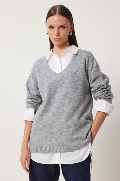 Happiness İstanbul Woman's Gray V-Neck Knit Sweater ZA00063