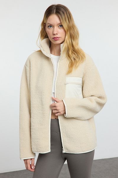 Trendyol Collection Суитшърт от полар в цвят камък с яка и джобове - Twoaw24Sw00071