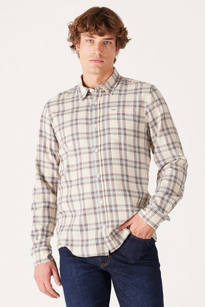 WRANGLER 100% Cotton Regular Fit Regular Fit Men's Off-White Plaid Long Sleeve Shirt