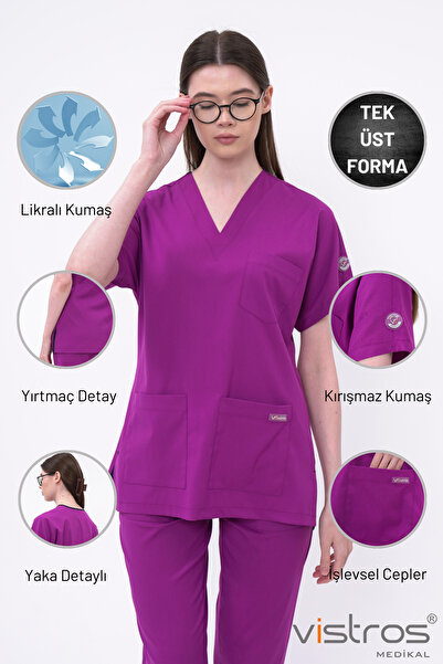 Vistros Medikal V Yaka Detaylı Unisex Medikal Cerrahi Doktor Hemşire Forması Fuşya Likralı Kumaş (Üst) V-001U