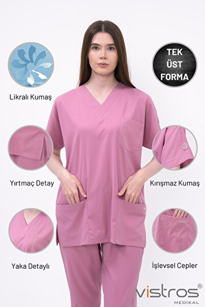 Vistros Medikal V Yaka Detaylı Gül Kurusu Doktor Hemşire Forması Medikal Cerr...