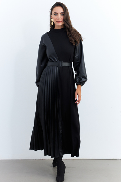 Cool & Modest Černá umělá kůže - Plisované Block Maxi Dámské šaty Malz100
