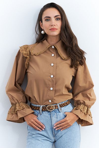 Cool & Modest Damen Camel Bebe Kragen Spitzenhemd MQS1839