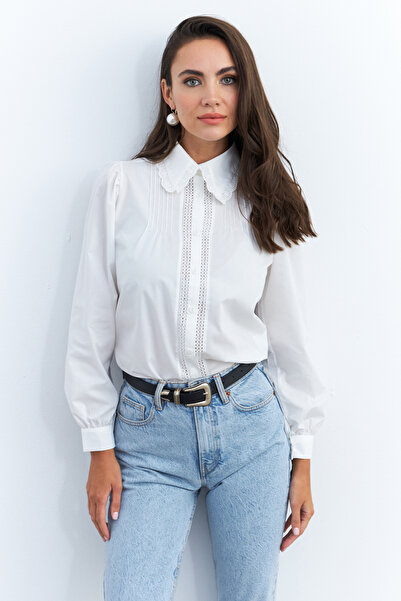 Cool & Modest قميص نسائي بأكمام طويلة من الدانتيل الأبيض - MQS2492