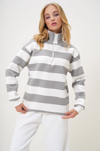 Trend Alaçatı Stili Gray Turtleneck Zippered Striped Women's Sweatshirt - Alc-X13239