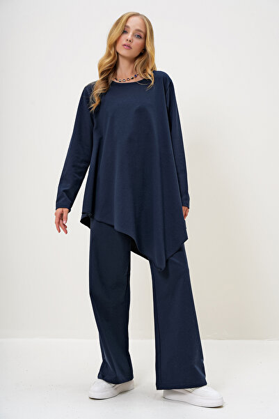 Trend Alaçatı Stili Sötétkék modális női tunika és nadrág szett - nyakú, aszimmetrikus szabású, hosszú ALC-X13064