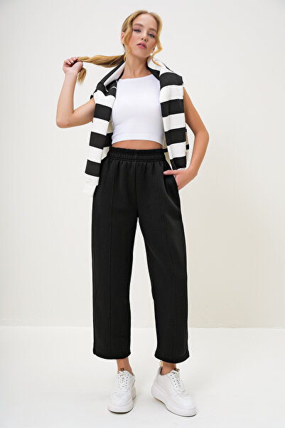 Trend Alaçatı Stili Γυναικείο μαύρο παντελόνι με διπλή τσέπη ελαστική μέση με ριγέ 3 κλωστές Raster Buggy κομμένο παντελόνι ALC-X13198