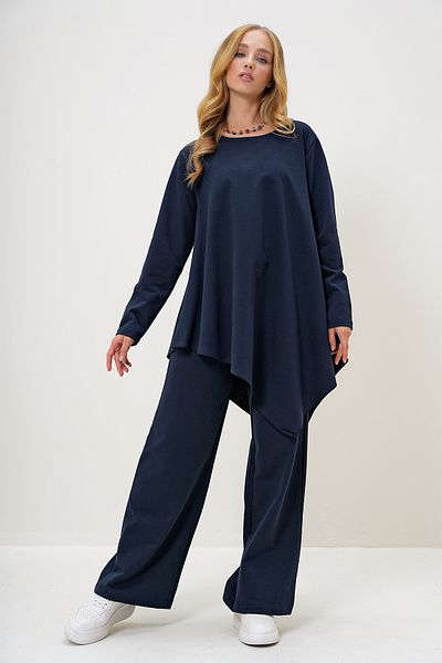 Trend Alaçatı Stili Women's Navy Blue Modal Tunic and Pants Set - Crew Neck, Asymmetrical Cutout, Long Alc-X13064