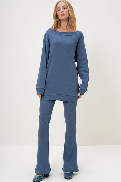 Trend Alaçatı Stili Indigo Boat Neck Oversize Blouse and Spanish Trousers Set - Alc-X13059