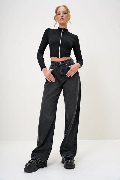 Trend Alaçatı Stili Női fekete, magas derekú Palazzo Cut Jean nadrág ALC-X13172