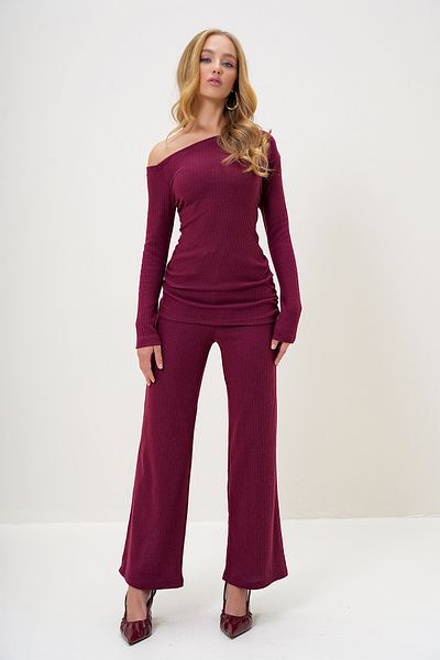Trend Alaçatı Stili Women's Burgundy Boat Neck Side Draped Interlock Fabric Blouse and Trousers Set Alc-X13076