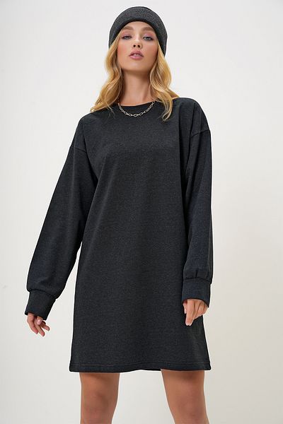 Trend Alaçatı Stili Women's Anthracite Crew Neck Sweatshirt Dress Alc-X13137