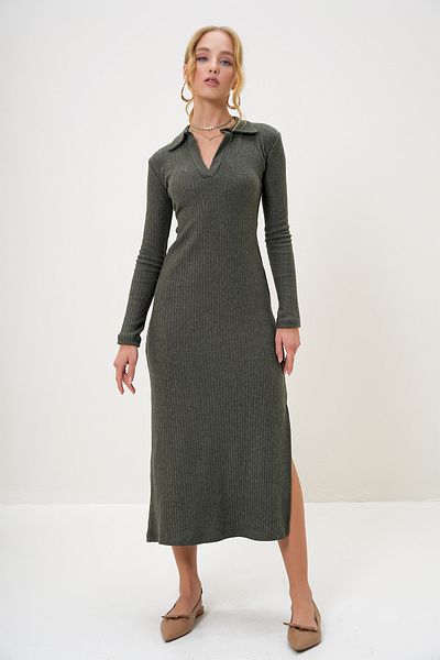 Trend Alaçatı Stili Women's Khaki Polo Neck Half Placket Side Slit Interlock Fabric Dress Alc-X13121