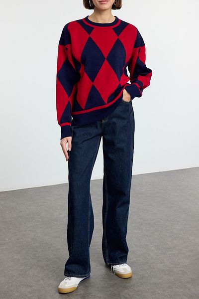 Edit by Trendyol Navy Blue Diamond Print Crew Neck Regular Knitwear Svetr Tedaw25Kz00039