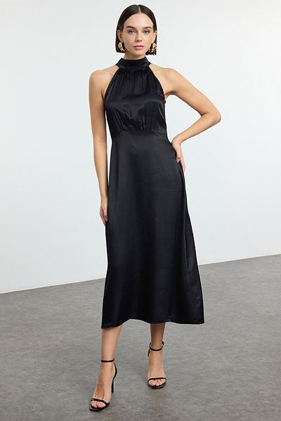 Trendyol Collection Černé saténové midi šaty – A-Line, Jacquard, Udržitelně tkané Twoaw25El00563