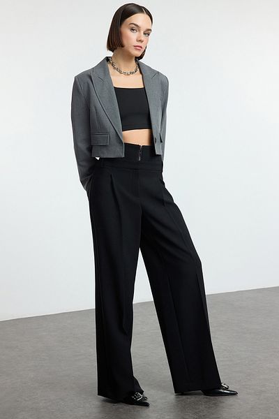 Trendyol Collection High Waist Wide Leg Black Pants - Corset Detail Twoaw25Pl00110