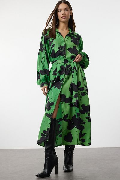 Trendyol Collection Πράσινο φλοράλ μανίκια με λεπτομέρεια ραφής Περισσότερο περιστασιακό μάξι πουκάμισο φόρεμα TWOAW25EL00512