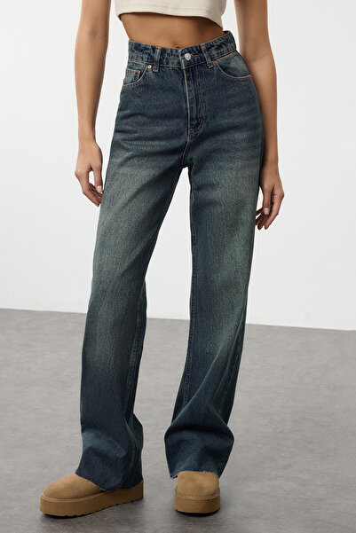 Trendyol Collection Blugi vintage straight cu talie înaltă - croială dreaptă, albastru cu efect decolorat TWOAW25JE00378