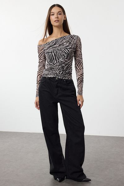 Trendyol Collection Black Animal Patterned Tulle Lined Asymmetric Collar Knitted Blouse Twoaw24Bz00051