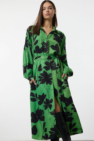 Trendyol Collection Πράσινο φλοράλ μανίκια με λεπτομέρεια ραφής Περισσότερο περιστασιακό μάξι πουκάμισο φόρεμα TWOAW25EL00512