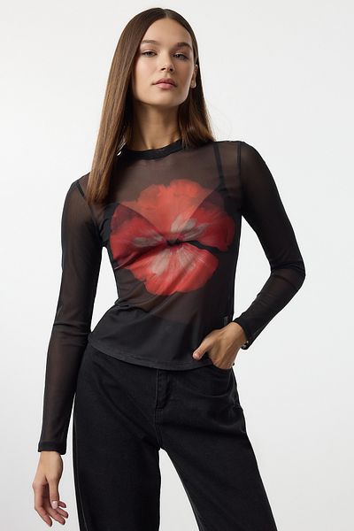 Trendyol Collection Μαύρη φλοράλ εμπριμέ μπλούζα με ελαστική πλεκτή μπλούζα TWOAW20BZ1008