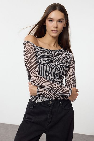 Trendyol Collection Black Animal Patterned Tulle Lined Asymmetric Collar Knitted Blouse Twoaw24Bz00051