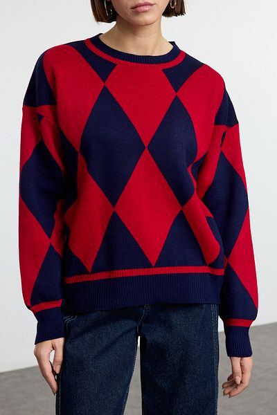 Edit by Trendyol Navy Blue Diamond Print Crew Neck Regular Knitwear Svetr Tedaw25Kz00039