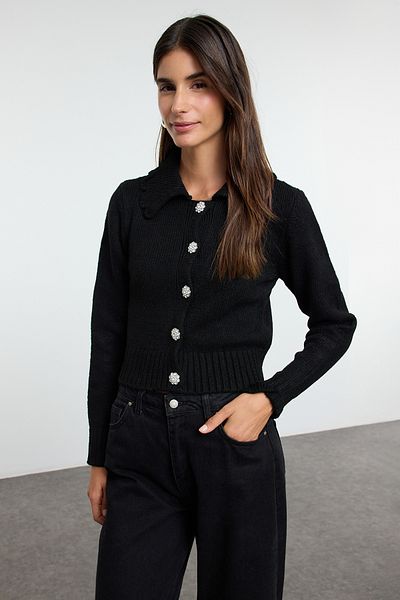 Trendyol Collection Black Crop Soft Textured Jewel Buttoned Knitwear Cardigan Twoaw25Hi00098