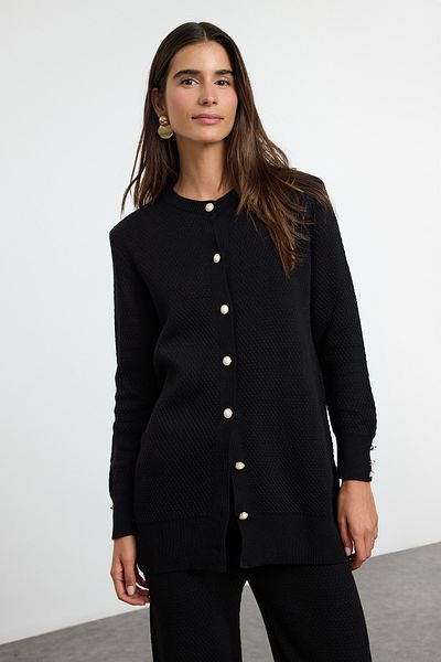 Trendyol Modest Black Pearl Buttoned Knitwear Top and Bottom Set Tctaw25Us00035