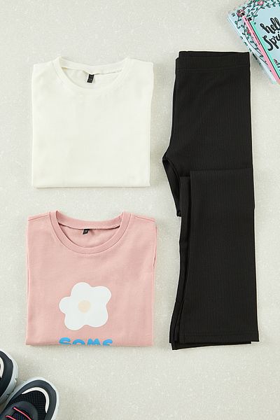 TRENDYOLKIDS طقم علوي محبوك بطبعة Dusty Rose-Ecru TKDAW25AU00136