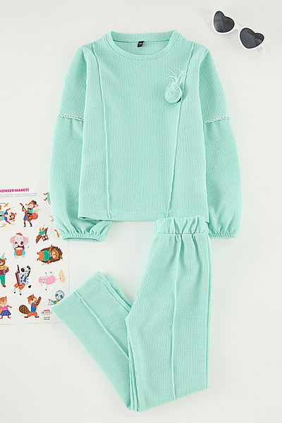 TRENDYOLKIDS Menta lány rózsa rátétes pulóver és melegítőnadrág szett - TKDAW25AU00023