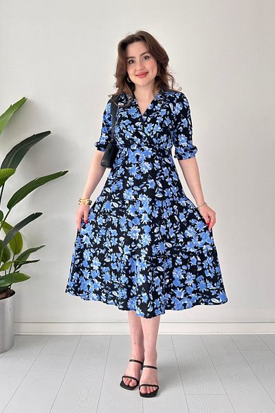 MaziButik Μπλε φλοράλ τυλιγμένο φόρεμα Μπλε
