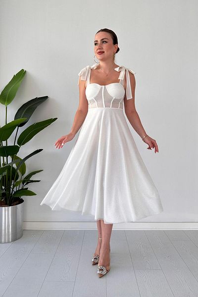 MaziButik Βραδινό φόρεμα White Glitter Flared