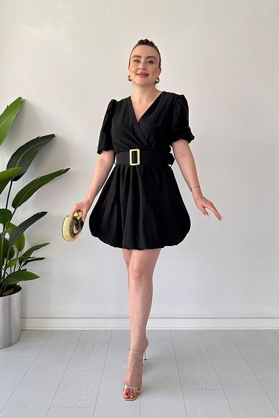 MaziButik Balloon Belted Dress Black