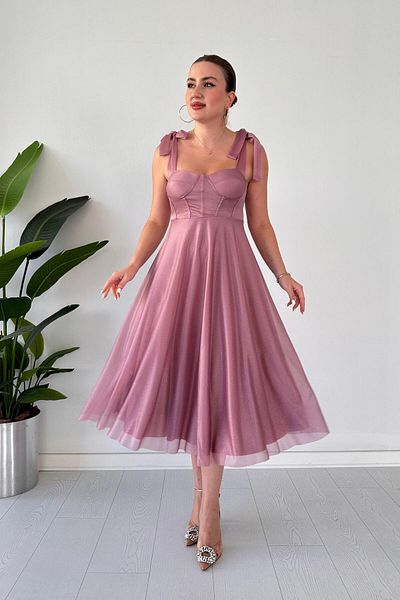 MaziButik Rochie de seara evazata cu sclipici Dusty Rose