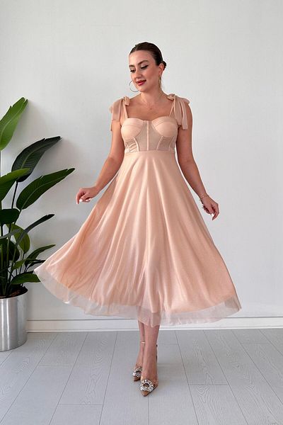 MaziButik Βραδινό φόρεμα σε χρώμα πούδρας Glitter Flared