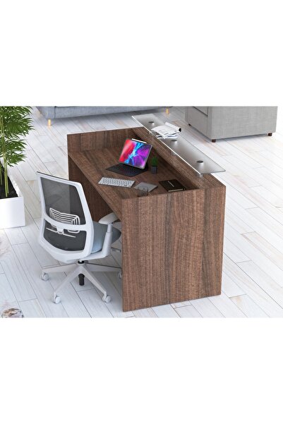 Mahmayi Modern Reception Desk White with Glass Top Desk Office Reception Table-140Cm (Dark Brown)
