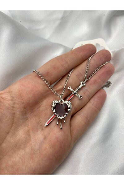 Herşey Nota Birleşebilen Kılıç ve Kalp İkili Çift Gotik Gümüş Kaplama Kırmızı...