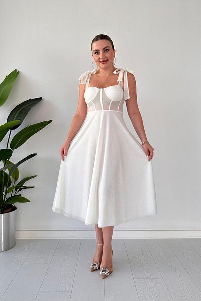 MaziButik Βραδινό φόρεμα White Glitter Flared