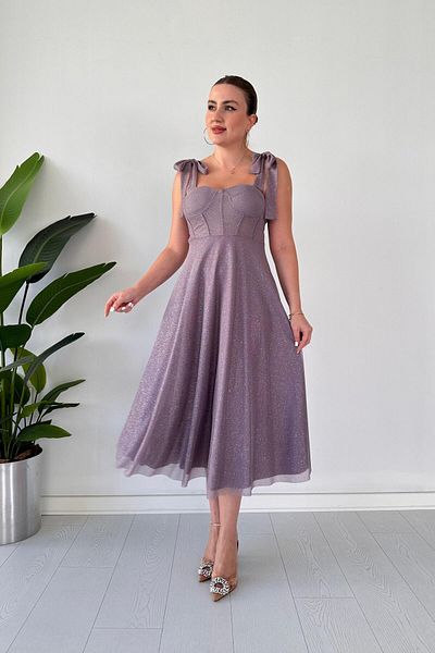 MaziButik Rochie de seara evazata cu sclipici liliac