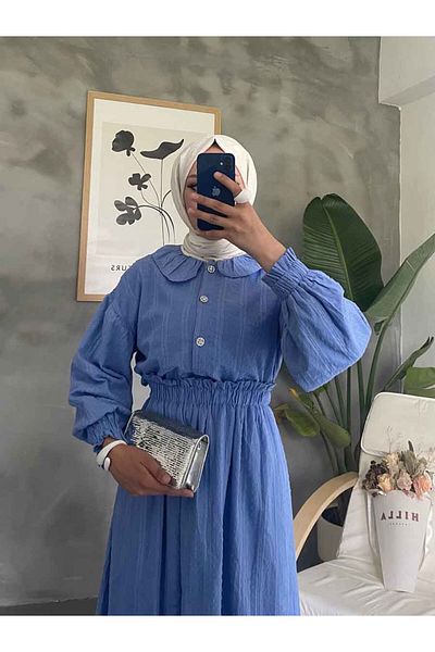 Neva Style طقم طية صدر السترة باللون الأزرق مع تنورة حجاب مزدوجة 30004M