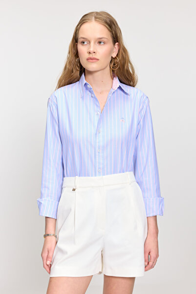 BROOKS BROTHERS Kadın Mavi-Pembe %100 Pamuk Logo Nakışlı Regular Fit Çizgili Oxford Gömlek